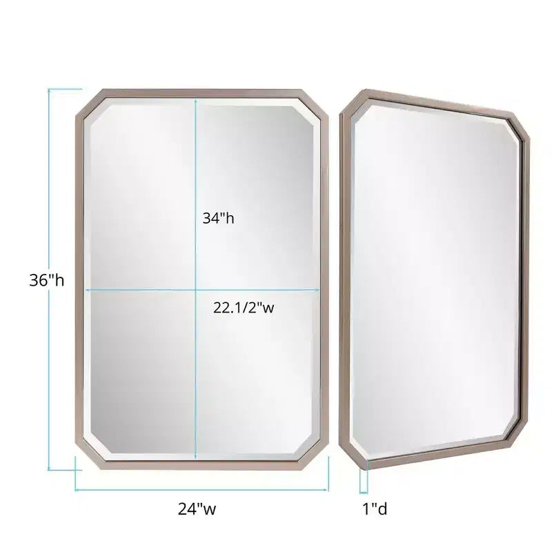 Miroir mural octogonal allongé biseauté 36"x24" argent chaud mat : cadre métallique champagne, aucun assemblage requis