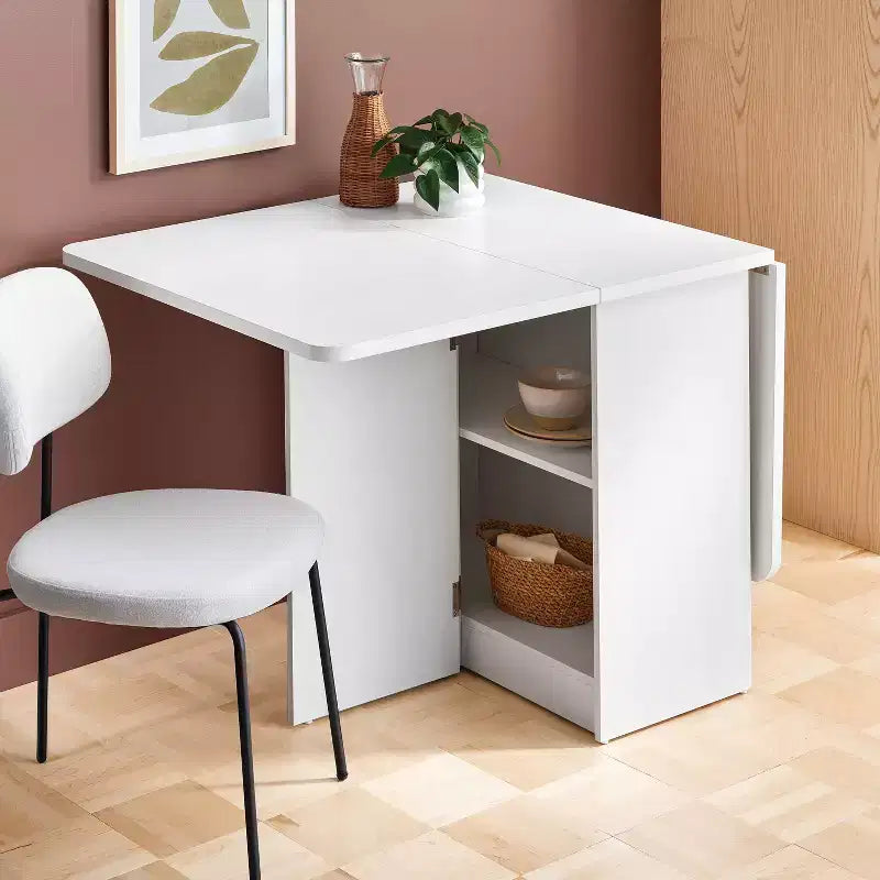 Table de salle à manger à abattants avec étagères de rangement, Blanche