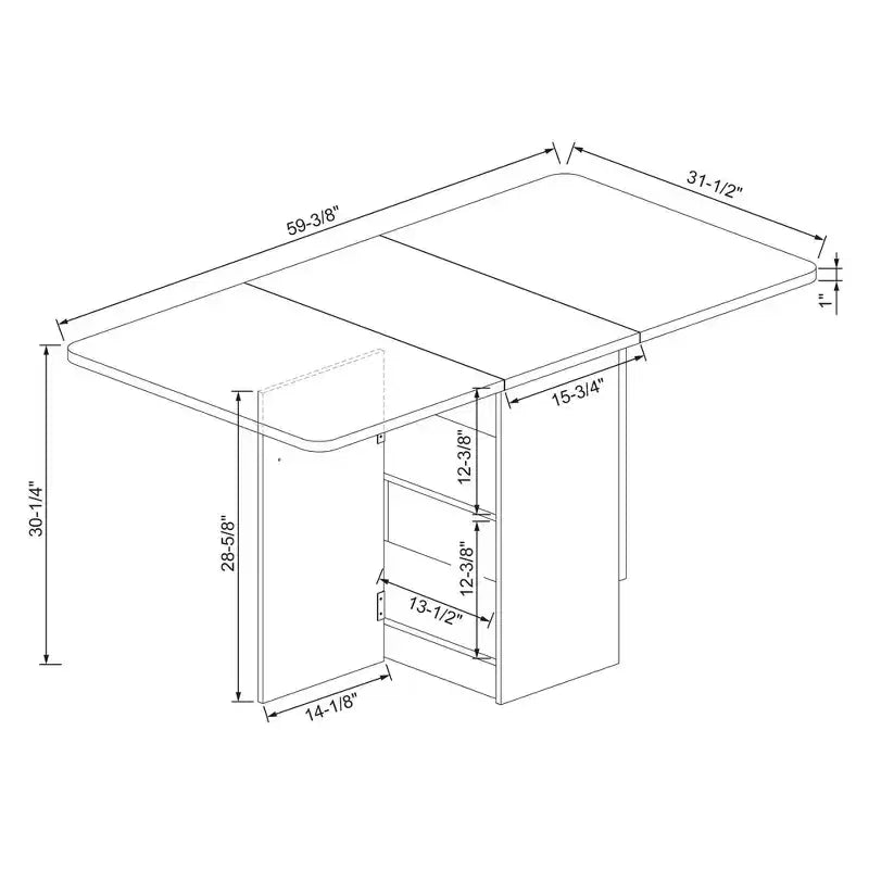 Table de salle à manger à abattants avec étagères de rangement, Blanche