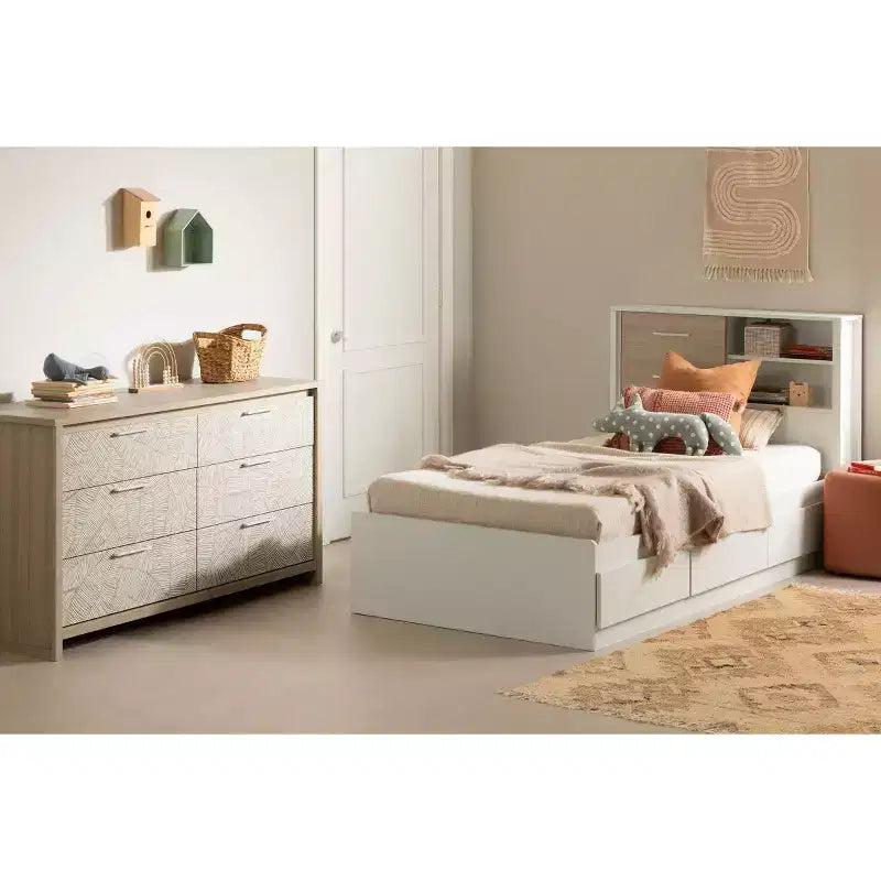 Commode Double en Orme Clair/Blanc : Commode Horizontale à 6 Tiroirs, Quincaillerie Anti-Basculement, Fini Stratifié, Largeur 148,6 cm