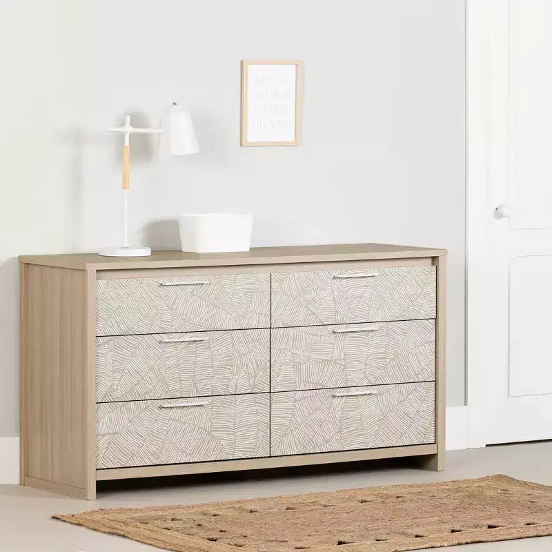 Commode Double en Orme Clair/Blanc : Commode Horizontale à 6 Tiroirs, Quincaillerie Anti-Basculement, Fini Stratifié, Largeur 148,6 cm