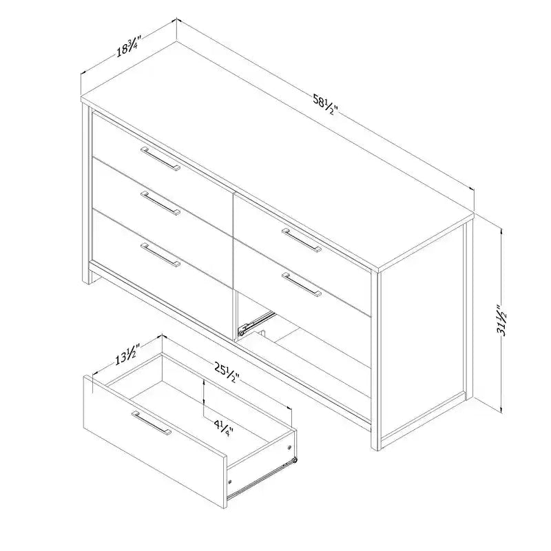 Commode Double en Orme Clair/Blanc : Commode Horizontale à 6 Tiroirs, Quincaillerie Anti-Basculement, Fini Stratifié, Largeur 148,6 cm