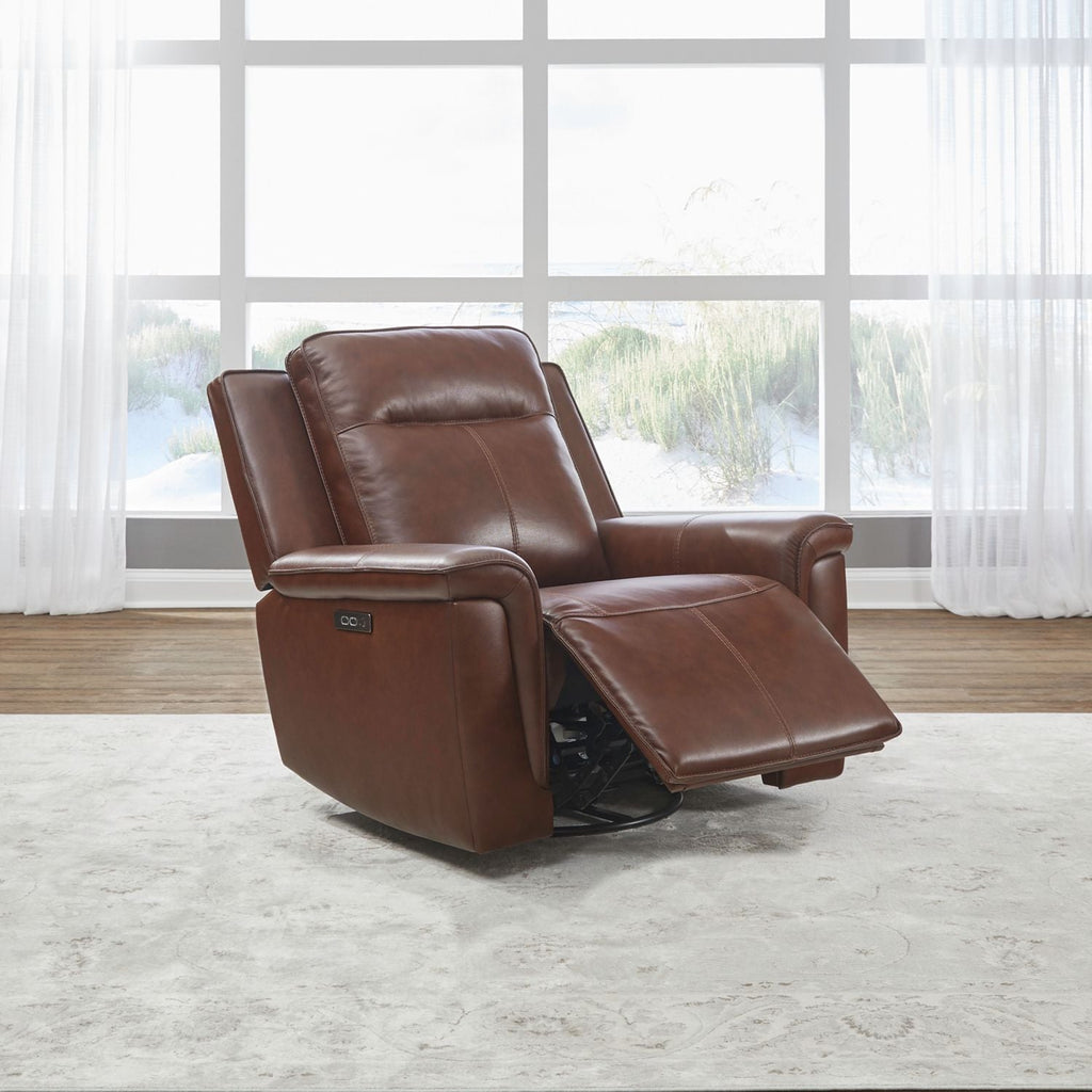 Swivel Glide Power Recliner – Cognac Leather, USB Charging, 350lb Capacity