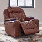 Fauteuil inclinable pivotant avec rangement intégré – Cuir châtaigne, porte-gobelets à LED