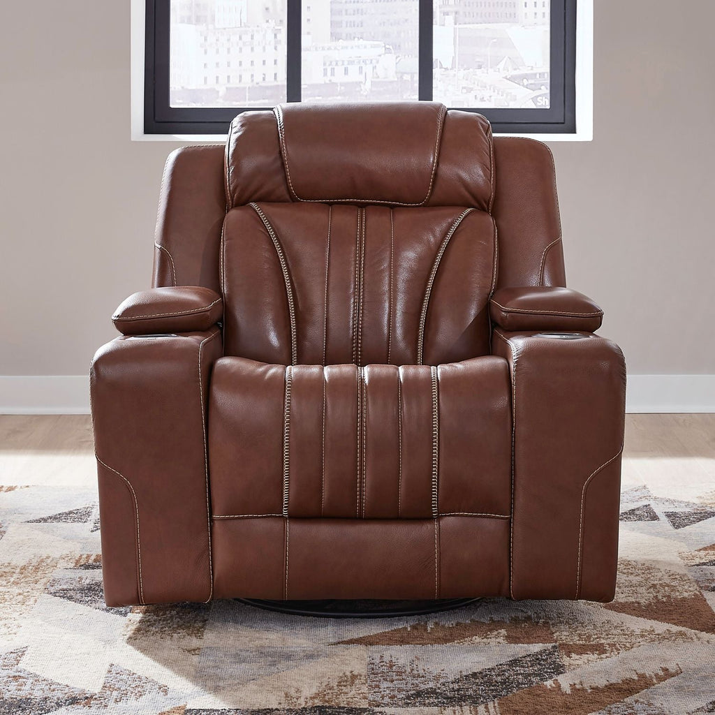 Swivel Glide Recliner with Hidden Storage – Chestnut Leather, LED Cupholders