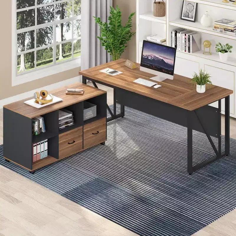 Bureau de direction 63 et classeur latéral 47, bureau d'ordinateur en L, mobilier de bureau avec tiroirs et étagères de rangement
