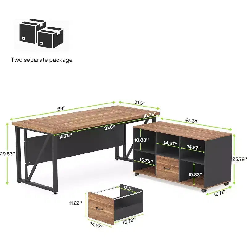 Bureau de direction 63 et classeur latéral 47, bureau d'ordinateur en L, mobilier de bureau avec tiroirs et étagères de rangement