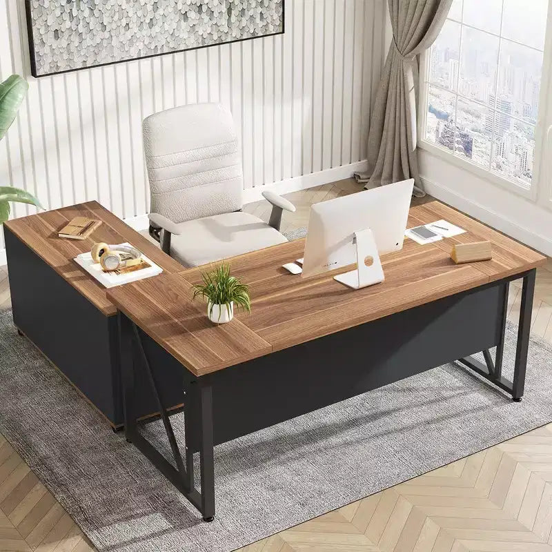 Bureau de direction 63 et classeur latéral 47, bureau d'ordinateur en L, mobilier de bureau avec tiroirs et étagères de rangement