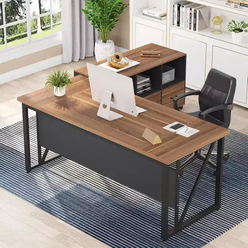 Bureau de direction 63 et classeur latéral 47, bureau d'ordinateur en L, mobilier de bureau avec tiroirs et étagères de rangement