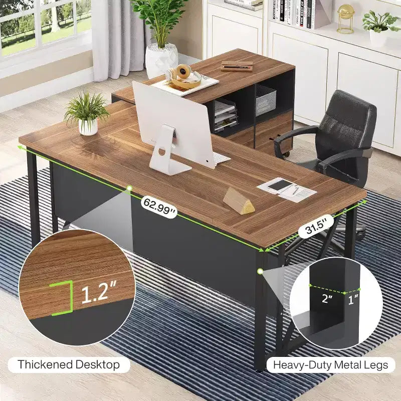 Bureau de direction 63 et classeur latéral 47, bureau d'ordinateur en L, mobilier de bureau avec tiroirs et étagères de rangement