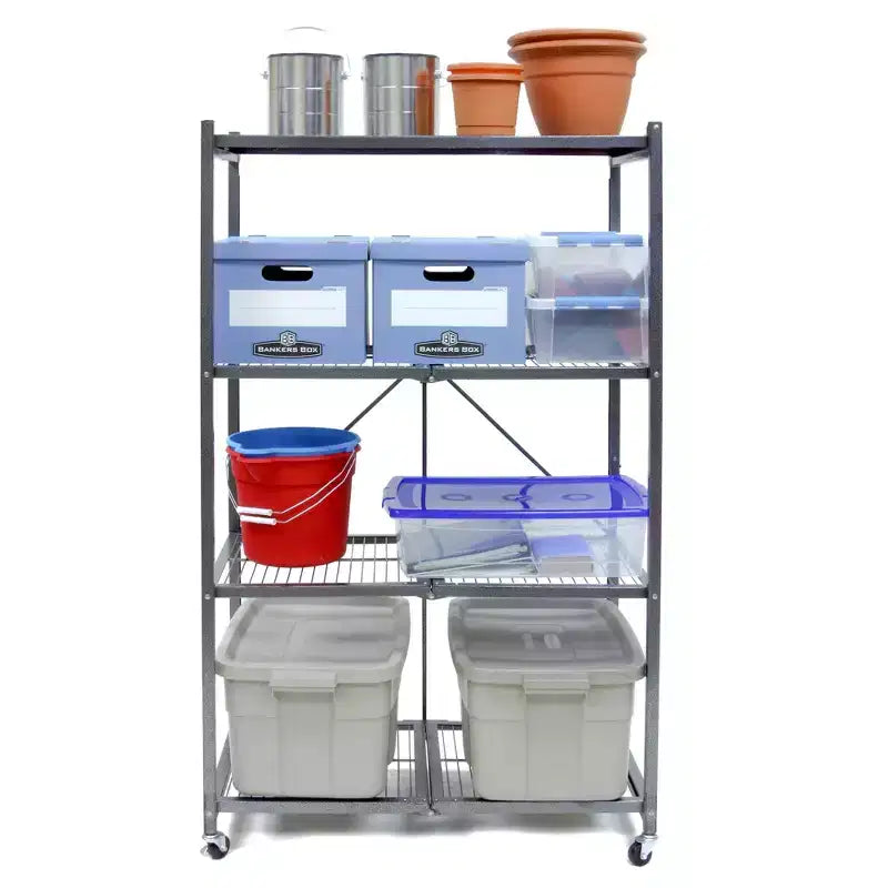 Étagère de rangement pliable en métal R5 à 4 niveaux avec roues, capacité de 450 kg pour la cuisine, le garage ou le jardin, étain, certifiée reconditionnée