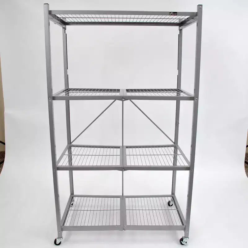 Étagère de rangement pliable en métal R5 à 4 niveaux avec roues, capacité de 450 kg pour la cuisine, le garage ou le jardin, étain, certifiée reconditionnée