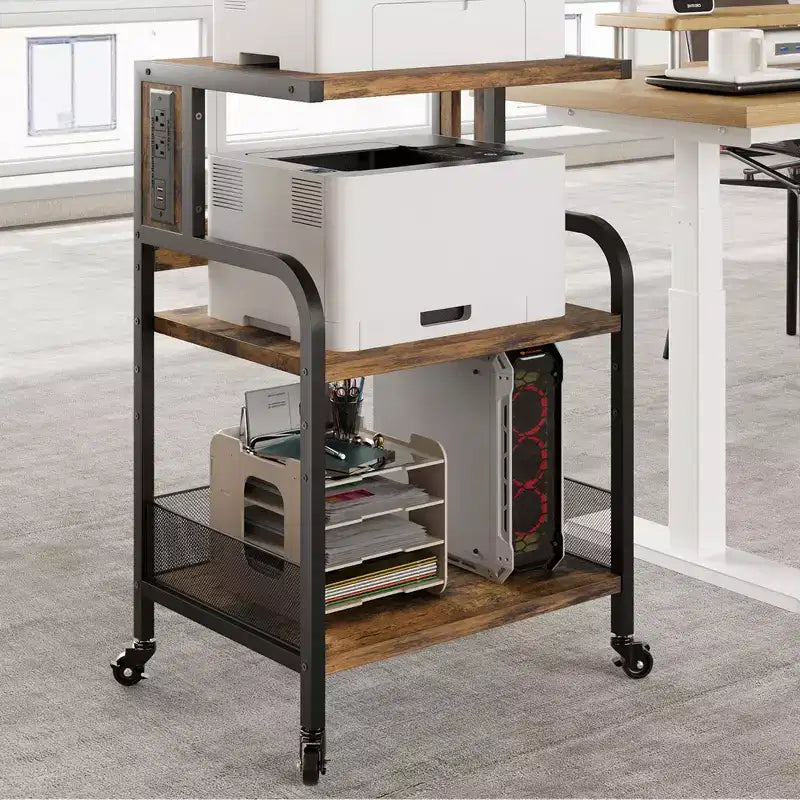 Grand support d'imprimante, support d'imprimante à roulettes pour bureau à domicile, table d'imprimante mobile à 3 niveaux avec étagère réglable