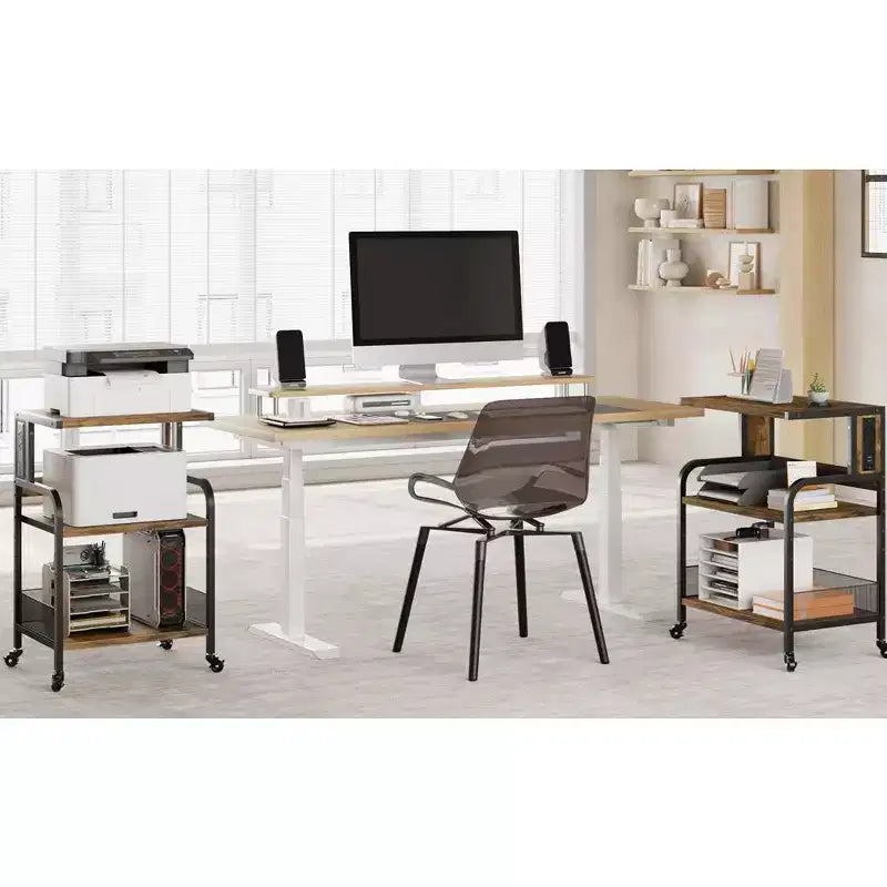 Grand support d'imprimante, support d'imprimante à roulettes pour bureau à domicile, table d'imprimante mobile à 3 niveaux avec étagère réglable