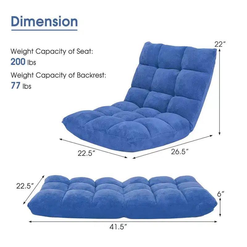 Chaise de sol réglable 14 positions, fauteuil paresseux pliant pour jeux, coussiné neuf Bleu/Vert/Rose clair/Violet/Noir/Café/Marron clair/Rose/Gris