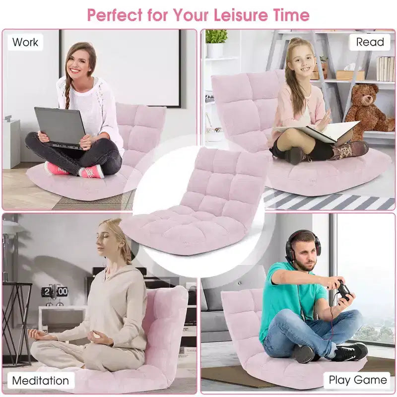 Chaise de sol réglable 14 positions, fauteuil paresseux pliant pour jeux, coussiné neuf Bleu/Vert/Rose clair/Violet/Noir/Café/Marron clair/Rose/Gris