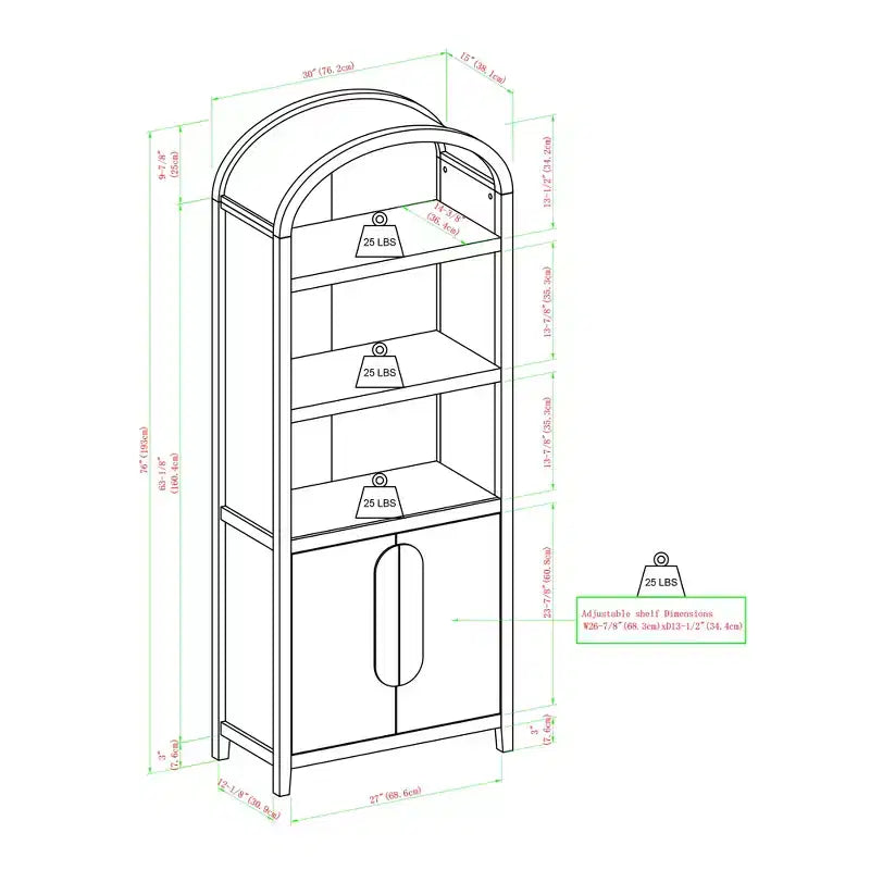 Bibliothèque-armoire Saracina Home de 193 cm avec 3 étagères et dessus arrondi