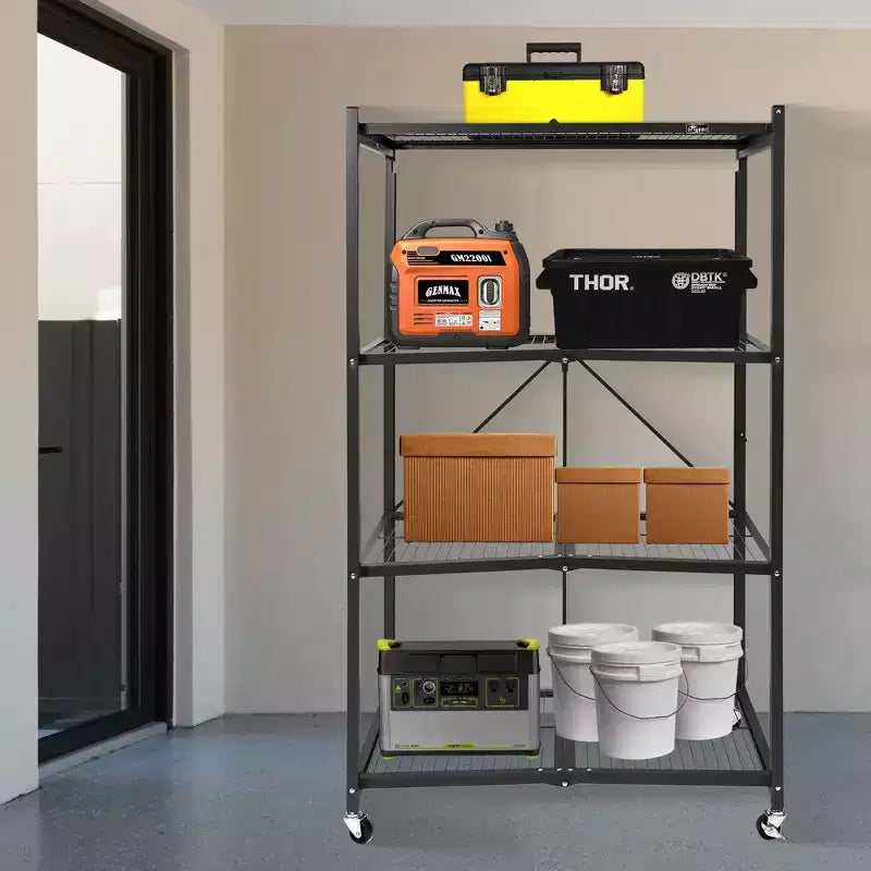 Étagère de rangement métallique pliable à 4 niveaux avec roulettes Origami R5, capacité de 450 kg pour la cuisine, le garage ou le jardin, noir, reconditionné certifié