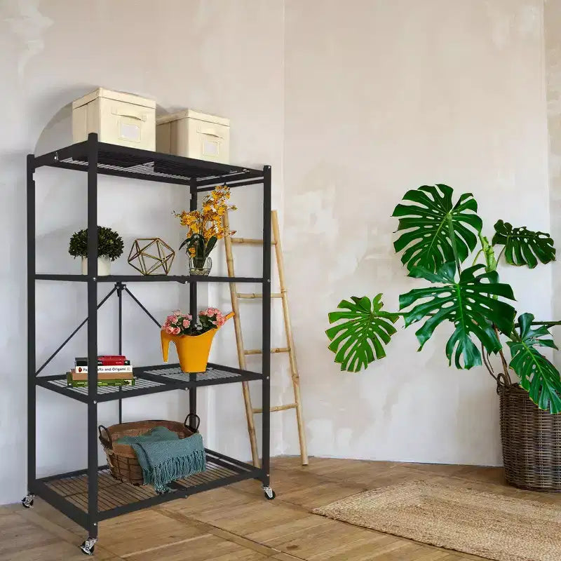 Étagère de rangement métallique pliable à 4 niveaux avec roulettes Origami R5, capacité de 450 kg pour la cuisine, le garage ou le jardin, noir, reconditionné certifié