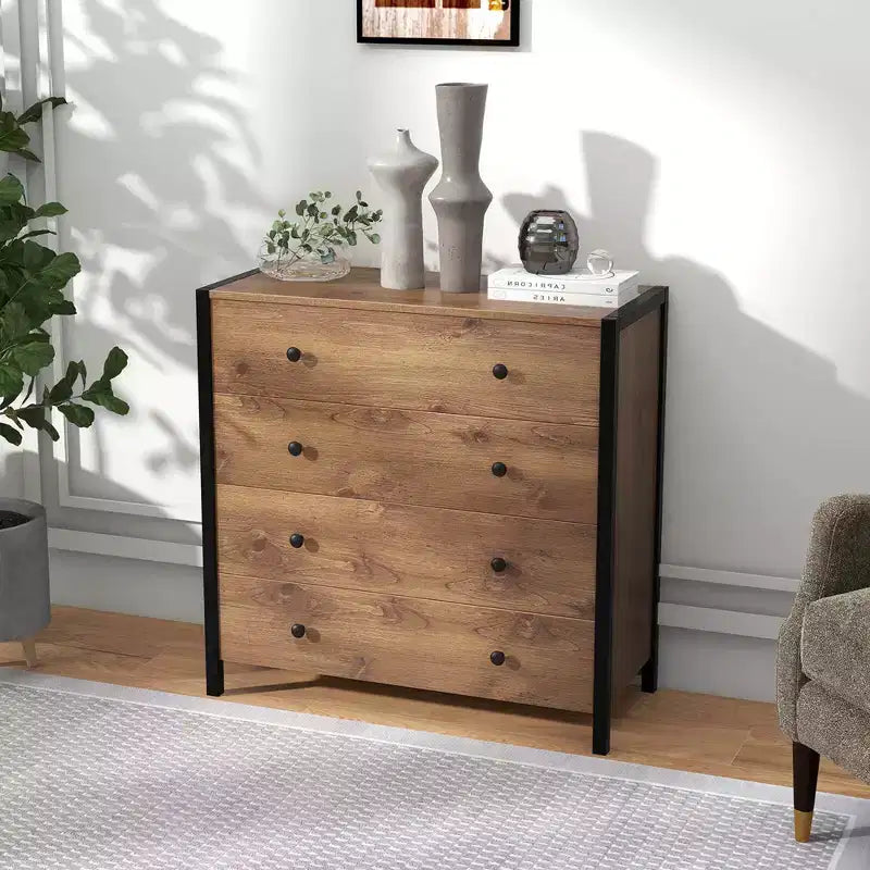 Commode 4 tiroirs moderne en bois avec rangement, gris/chêne