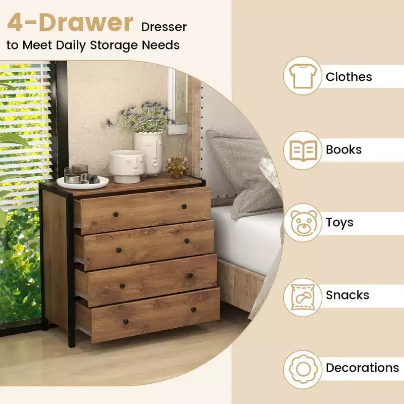 Commode 4 tiroirs moderne en bois avec rangement, gris/chêne