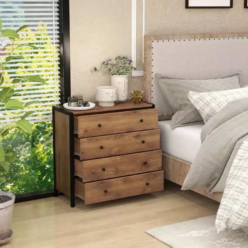 Commode 4 tiroirs moderne en bois avec rangement, gris/chêne