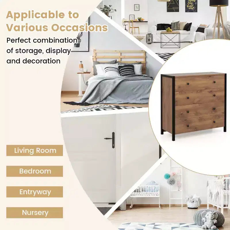 Commode 4 tiroirs moderne en bois avec rangement, gris/chêne