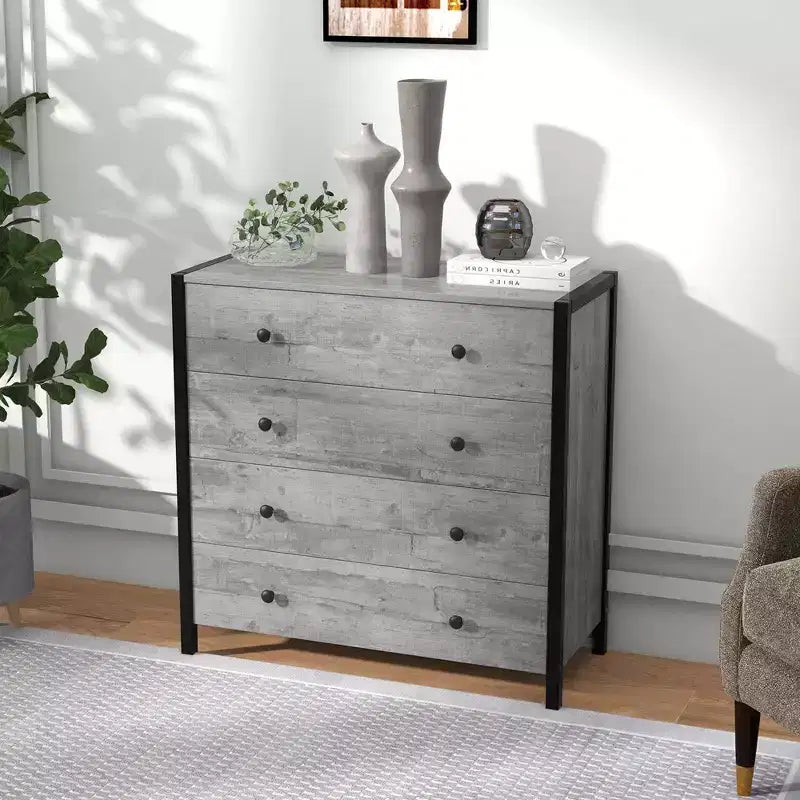 Commode 4 tiroirs moderne en bois avec rangement, gris/chêne