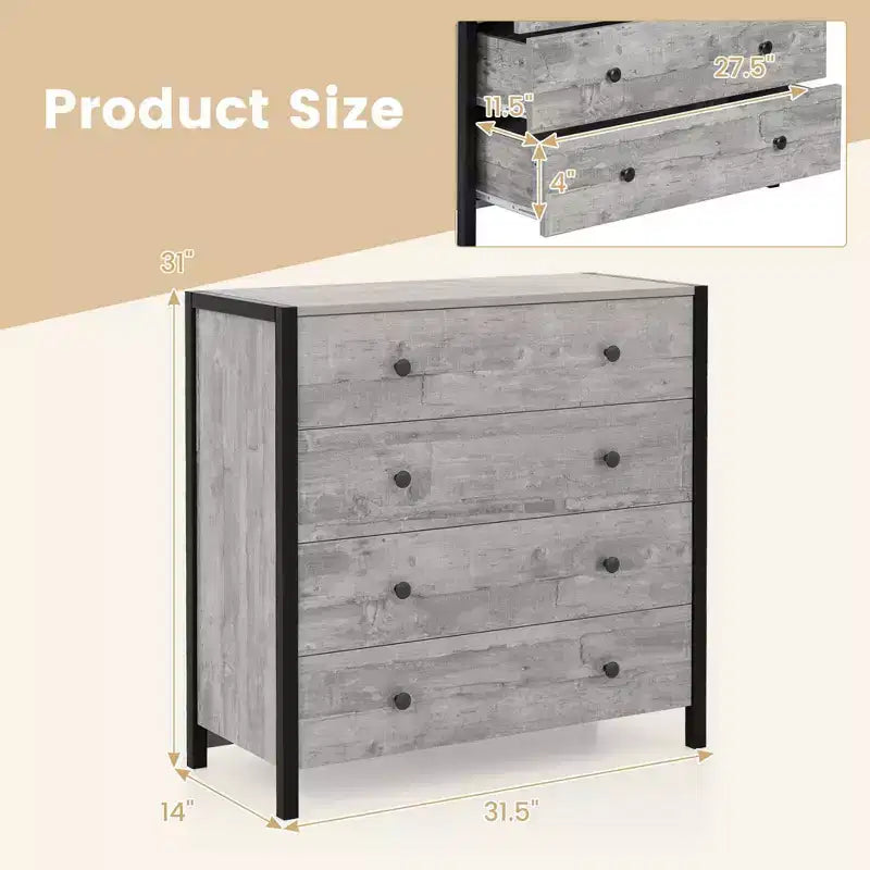 Commode 4 tiroirs moderne en bois avec rangement, gris/chêne