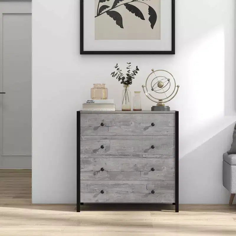 Commode 4 tiroirs moderne en bois avec rangement, gris/chêne