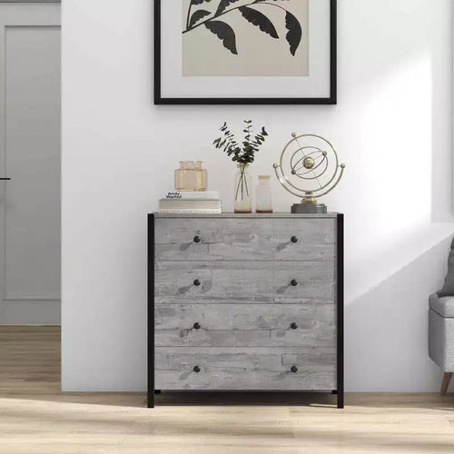Commode 4 tiroirs moderne en bois avec rangement, gris/chêne