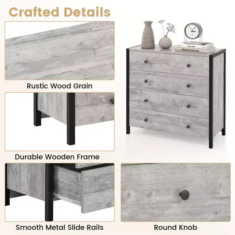 Commode 4 tiroirs moderne en bois avec rangement, gris/chêne