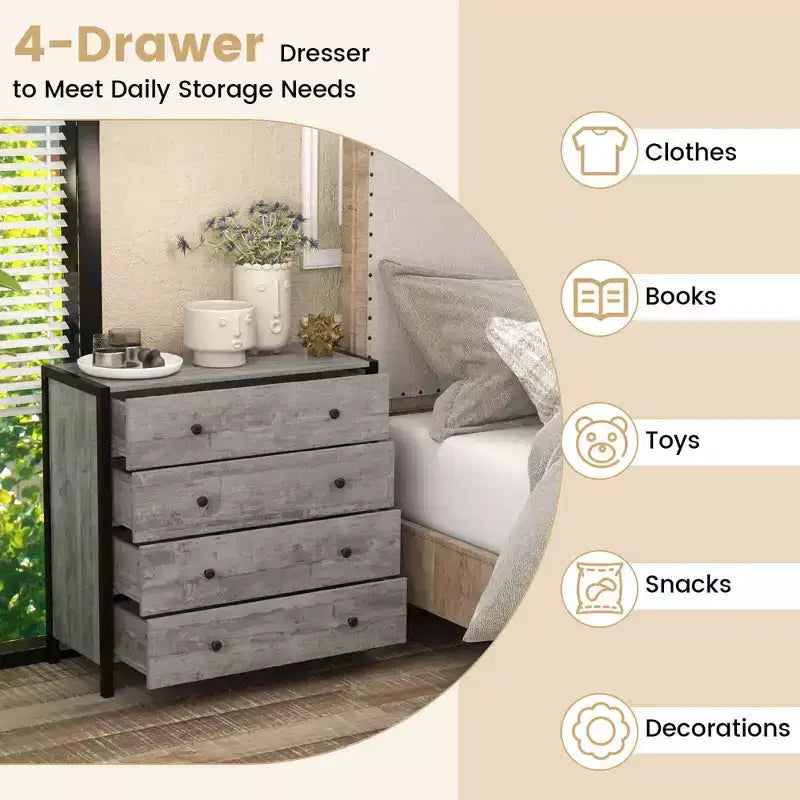 Commode 4 tiroirs moderne en bois avec rangement, gris/chêne