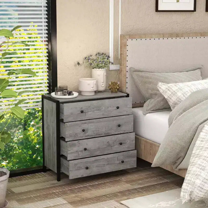 Commode 4 tiroirs moderne en bois avec rangement, gris/chêne