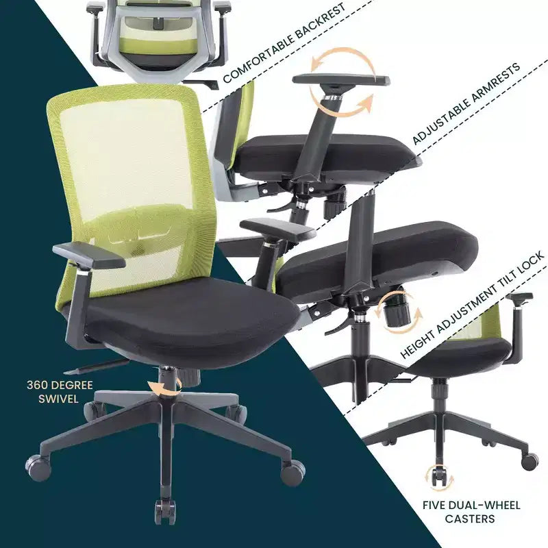 Fauteuil de bureau ergonomique Ingram, chaise de travail pivotante à hauteur réglable avec soutien lombaire et inclinaison, chaise d'ordinateur confortable pour 8 heures de bureau