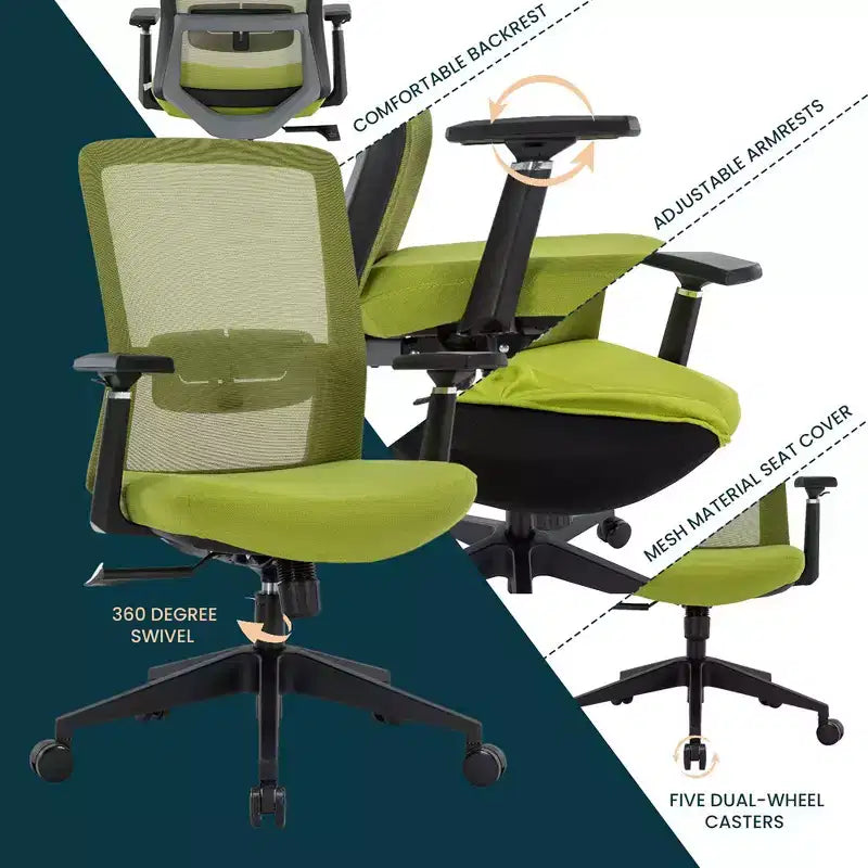 Fauteuil de bureau ergonomique Ingram, chaise de travail pivotante à hauteur réglable avec soutien lombaire et inclinaison, chaise d'ordinateur confortable pour 8 heures de bureau