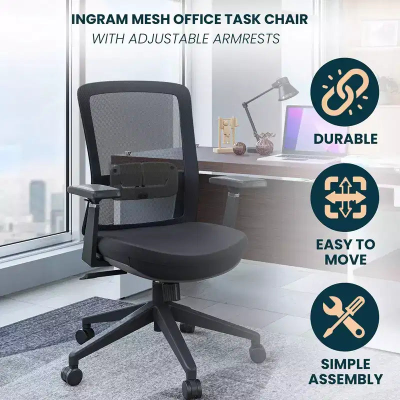 Fauteuil de bureau ergonomique Ingram, chaise de travail pivotante à hauteur réglable avec soutien lombaire et inclinaison, chaise d'ordinateur confortable pour 8 heures de bureau