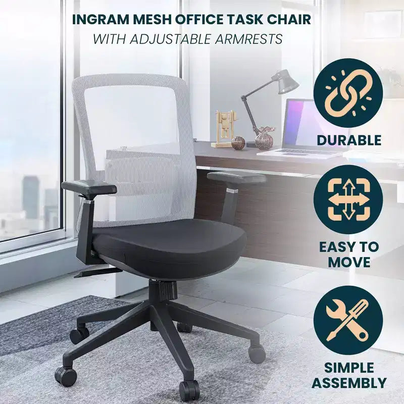 Fauteuil de bureau ergonomique Ingram, chaise de travail pivotante à hauteur réglable avec soutien lombaire et inclinaison, chaise d'ordinateur confortable pour 8 heures de bureau