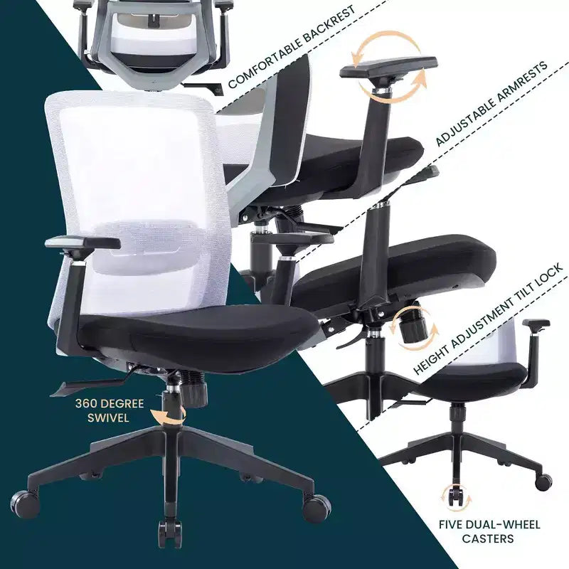 Fauteuil de bureau ergonomique Ingram, chaise de travail pivotante à hauteur réglable avec soutien lombaire et inclinaison, chaise d'ordinateur confortable pour 8 heures de bureau