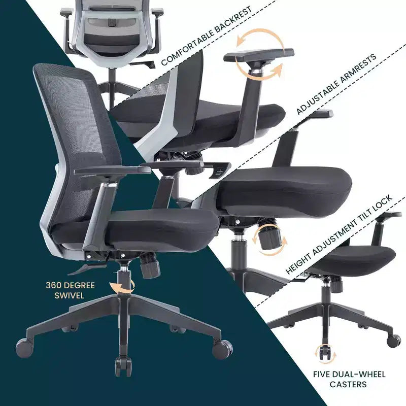 Fauteuil de bureau ergonomique Ingram, chaise de travail pivotante à hauteur réglable avec soutien lombaire et inclinaison, chaise d'ordinateur confortable pour 8 heures de bureau