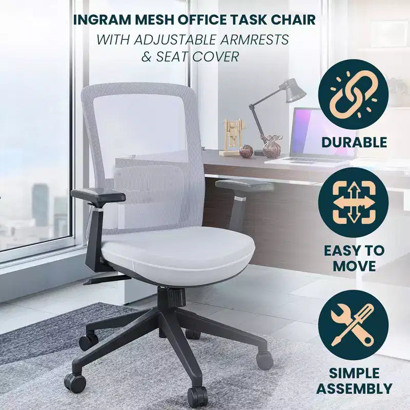 Fauteuil de bureau ergonomique Ingram, chaise de travail pivotante à hauteur réglable avec soutien lombaire et inclinaison, chaise d'ordinateur confortable pour 8 heures de bureau