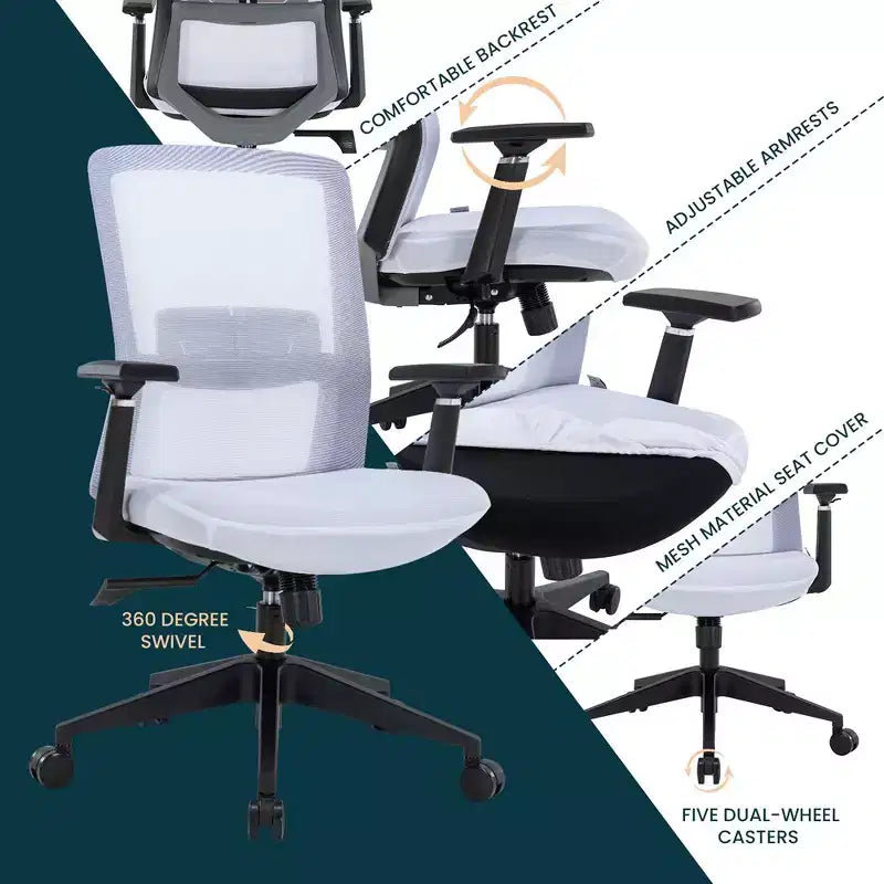 Fauteuil de bureau ergonomique Ingram, chaise de travail pivotante à hauteur réglable avec soutien lombaire et inclinaison, chaise d'ordinateur confortable pour 8 heures de bureau