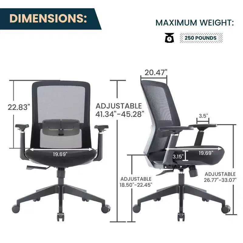 Fauteuil de bureau ergonomique Ingram, chaise de travail pivotante à hauteur réglable avec soutien lombaire et inclinaison, chaise d'ordinateur confortable pour 8 heures de bureau