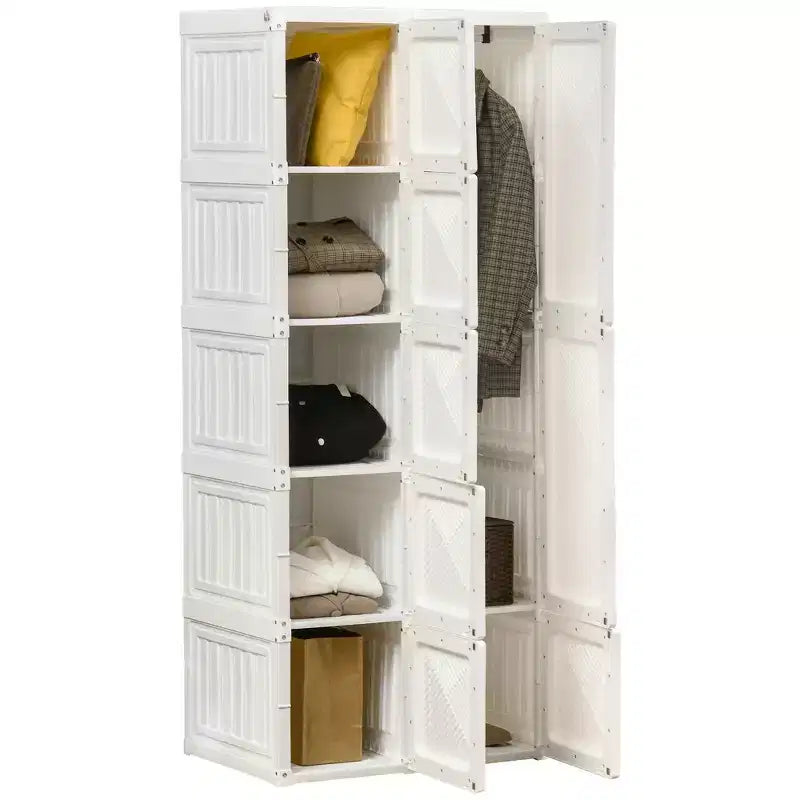 HOMCOM Portable Wardrobe Closet, Bedroom Armoire, Foldable Clothes Organizer with Cube Storage, Hanging Rods, and Magnet Doors, White