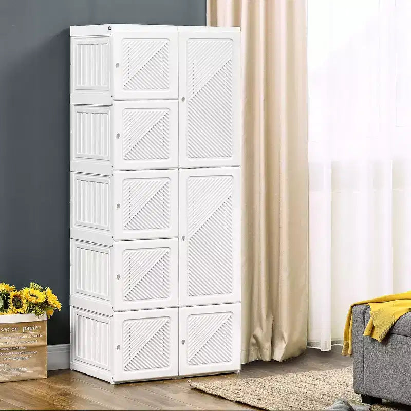 Penderie Portable, Armoire de Chambre, Organisateur de Vêtements Pliable avec Rangement Cubes, Tringles et Portes Magnétiques, Blanc