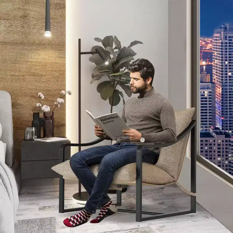 Fauteuil d'appoint moderne avec assise en toile, fauteuils de salon confortables en tissu avec cadre métallique robuste, fauteuil de lecture pour salon et chambre à coucher