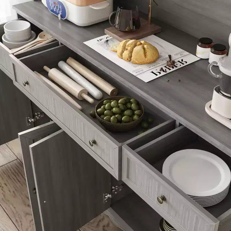 Bahut gris moiré 155 cm de large avec 3 tiroirs et huche à buffet de conception moderne, buffet de rangement, meuble de rangement