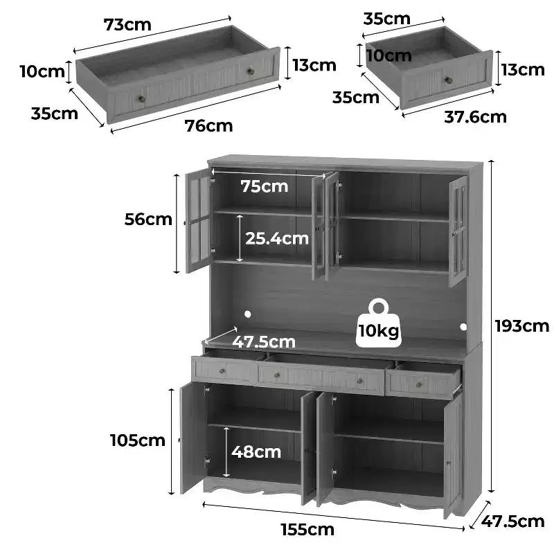 Bahut gris moiré 155 cm de large avec 3 tiroirs et huche à buffet de conception moderne, buffet de rangement, meuble de rangement