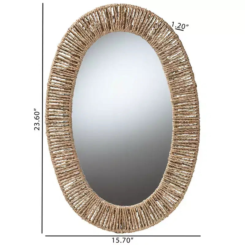 Miroir mural d'appoint Elwyn en métal et jonc de mer naturel marron, style bohème moderne, de bali & pari