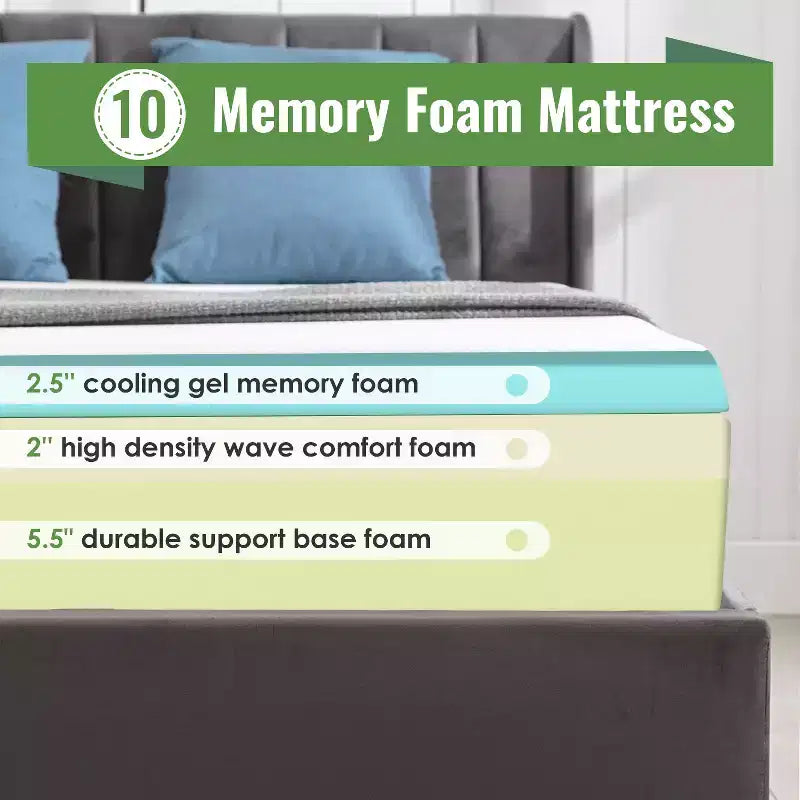 Matelas en mousse à mémoire de forme de 10 pouces FDW, certifié CertiPUR-US pour un sommeil plus frais, offrant soutien et soulagement de la pression, blanc